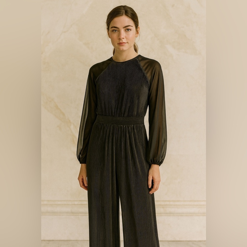 Cato Plisse Jumpsuit Wide Leg Plisse Sheer High Neck Midnight Black Size…​​